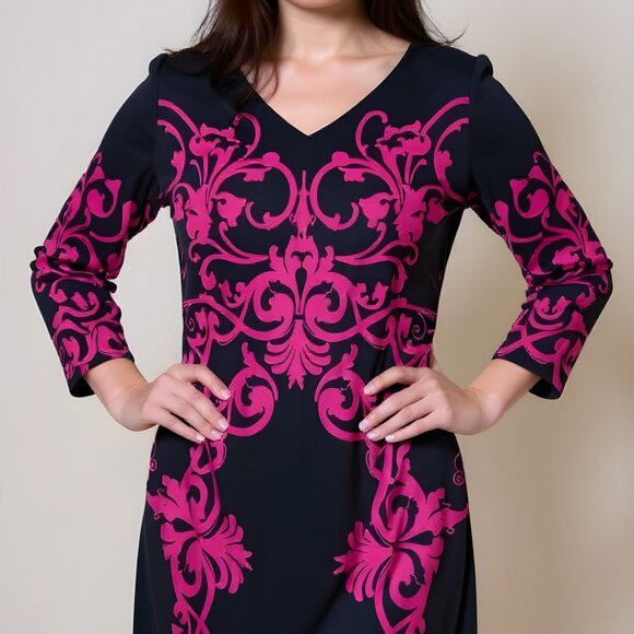 David Meister Navy & Pink Scroll Print Dress, V-Neck, 3/4 Sleeve - Picture 2 of 9